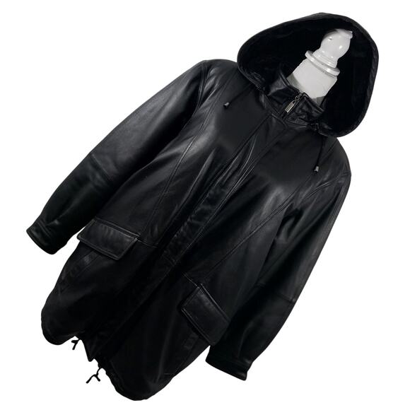 CHARLES KLEIN! CLASSIC BLACK GENUINE LEATHER PARKA STYLE ZIP OFF HOOD COAT! SZ L - Picture 1 of 13